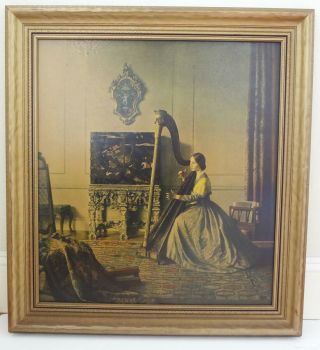 Antique Wood Framed Victorian Lady With Harp Art Print Painted Vintage Moulding