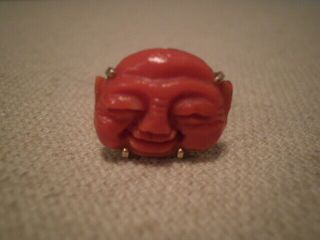 Antique Coral Hand Carved Smiling Buddha Face 14k Yellow Gold Ring 4.  09 Grams
