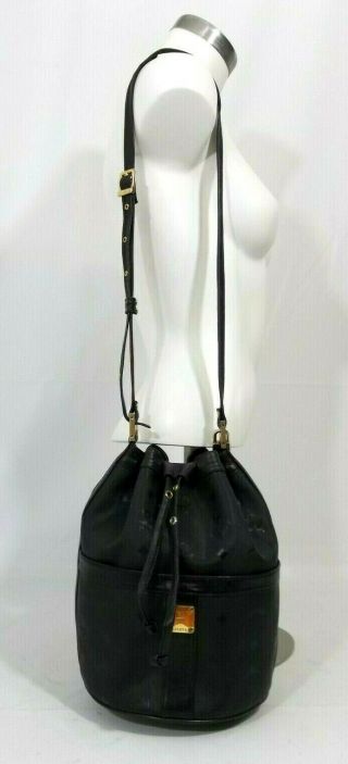 Vintage Mcm Black Canvas Leather Medium Drawstring Bucket Shoulder Bag Vguc