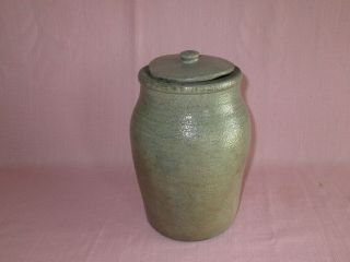 Antique 19th C Southern American Stoneware Salt Glazed Jar Crock W/ Lid 9 "