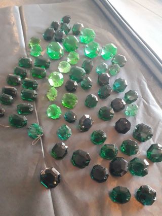 QTY 76 VINTAGE CRYSTAL GLASS GREEN & BLUE CHANDELIER DROPS BUTTONS.  SPARES. 2