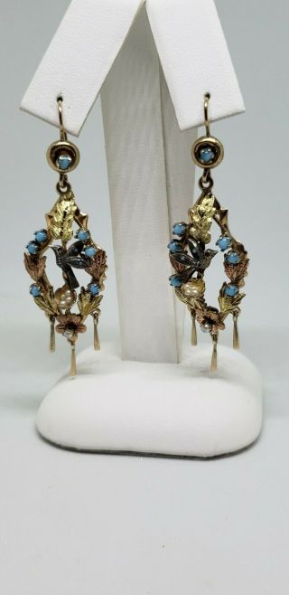 Victorian 12k Gold And Silver Sparrow Bird Earrings In Turquoise And Seed Pearl