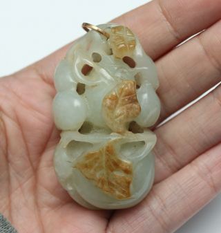 Antique Chinese Carved Celadon Green Jade Gourd & Brown Leaves Pendant Carving