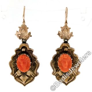 Antique Victorian 14k Gold Carved Coral Cameo Hand Engraved Drop Dangle Earrings