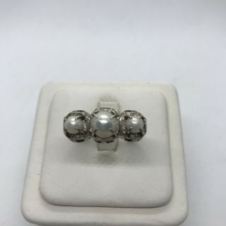 Antique Art Deco 18k White Gold Three Stone 3 Pearl Long Ring Filigree Engraved
