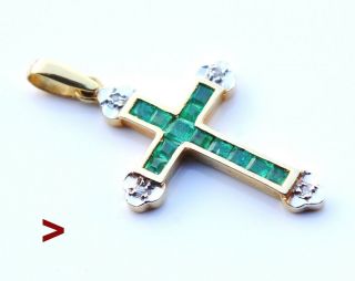 Antique Cross Pendant Solid 18k Yellow Gold Emeralds Diamonds /3.  3 Cm /2.  5 Gr