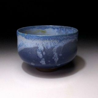 Ua5: Vintage Japanese Pottery Tea Bowl,  Seto Ware,  Artistic Blue Glaze