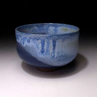 UA5: Vintage Japanese Pottery Tea bowl,  Seto ware,  Artistic blue glaze 2