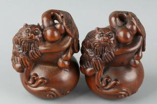 Chinese Exquisite Handmade Gourd And Animal Carving Boxwood Statue A Pair