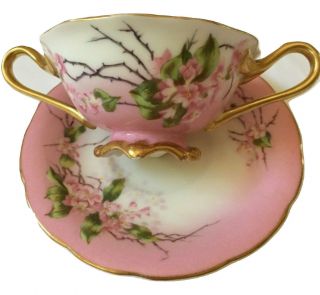 Antique French Pink & Gold Hand Painted Teacup & Saucer Stamped T & V France