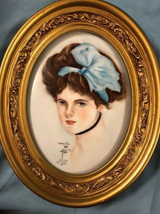 Antique Hand Painted Portrait On Porcelain Plaque With Frame