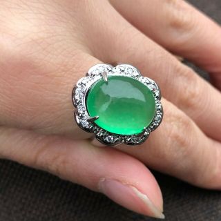 Rare Chinese S925 Silver & Natural Jadeite Jade Green Bead Handwork No.  6 - 12 Ring
