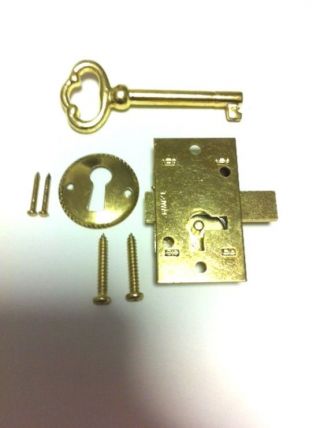 L - 1b Brass Plated Steel Flush Mount Cabinet Door Lock & Skeleton Key
