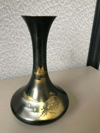 Vintage Japanese Brass Etched Metal Vases - Scene Of Mt Fuji