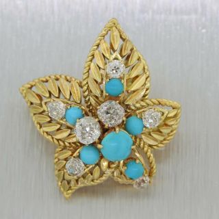 Vintage Van Cleef & Arpels 18k Gold Diamond Turquoise Maple Leaf Single Earring