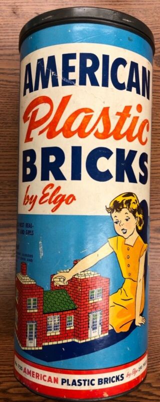 Vintage American Plastic Bricks Canister By Elgo 725 Full 274,  Pc