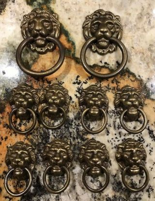 10 Vintage Lion’s Head Solid Brass Drawer Cabinet Pulls With Ring Hardware