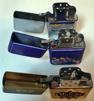 3 Vintage Zippo Lighters: Marlboro - Solid Brass,  The Hard Pack,  U.  S.  S.  Antietam