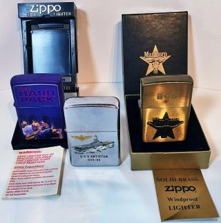 3 Vintage Zippo Lighters: Marlboro - Solid Brass,  The Hard Pack,  U.  S.  S.  Antietam 2