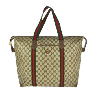H32 Gucci Authentic Sherry Webbing Travel Bag Shoulder Hand Tote Vintage Gg Pvc