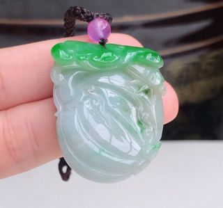 100 Natural Jadeite A Hand - Carved Green Cantaloupe Pendant 918