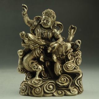 Old China Copper Plating Silver Jambhala God Ride Dragon Buddha Statue D01