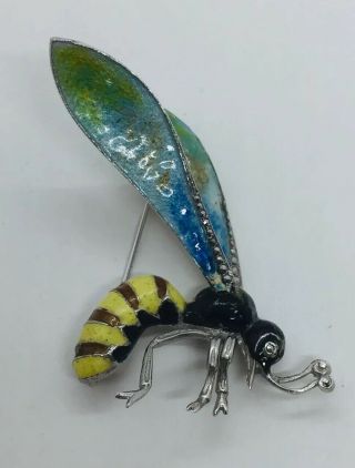 Antique Art Deco Sterling Silver Enamel Marcasite Hornet Bee Bug Pin