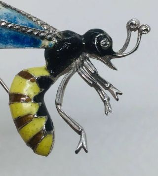 Antique Art Deco Sterling Silver Enamel Marcasite Hornet Bee Bug Pin 2