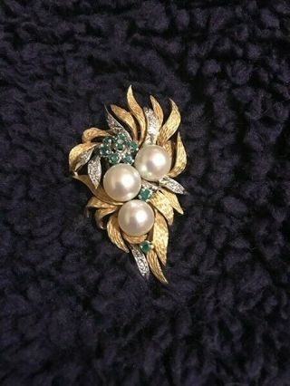 Antique 18k Gold & White Gold Emerald Pearl Diamond Brooch Total Weight 1.  5oz