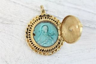 Vintage Mid Century 14k Gold Blue Miraculous Mary Diamond Locket Pendant Charm