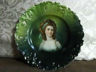 (rare) Lovely Antique European Embossed Green " Young Woman " Portrait Plate
