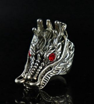 Collect Tibet Silver Hand Carved Myth Dragon Head Moral Exorcism Auspicious Ring