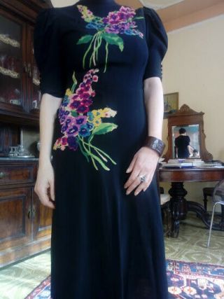 Fab & Rare,  Late 30s Early 40s Appliqued Crepe Dress
