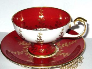 Aynsley Tea Cup And Saucer Blood Red Gold Gilt Pedestal Bone China Teacup