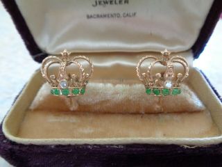 Vintage 14k Gold Diamond Emerald Crown Screw Back Earrings