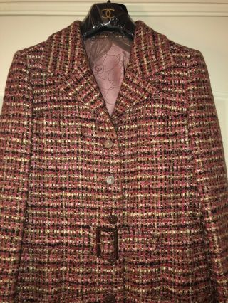 Chanel Pink Multicolor Tweed Long Coat Jacket 38 8 Belt Neo Vintage Authentic
