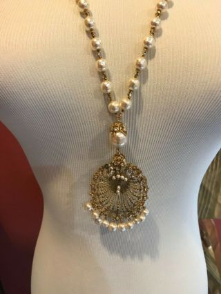 Sign Miriam Haskell Large Baroque Pearls Rhinestone Necklace Jewelry 32” Long