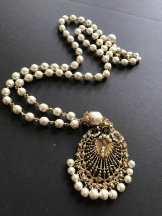 Sign Miriam Haskell Large Baroque Pearls Rhinestone Necklace Jewelry 32” Long 4