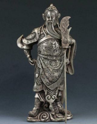 Chinese Old Copper Plating Silver Handwork Carved Statue - - - - Guan Gong F01