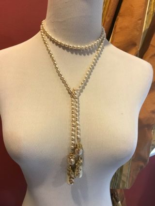 Sign Miriam Haskell Large Baroque Pearls Rhinestone Necklace Jewelry 47” Long