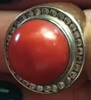 Vintage 18k Gold And Coral Ring With Diamonds