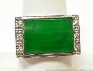 Massive 18k Fine Green Jadeite Jade Diamond Ring White Gold Mens Vintage 1970s