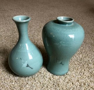 Matched Korean Celadon Crane Vases/w Green Crackle Glaze