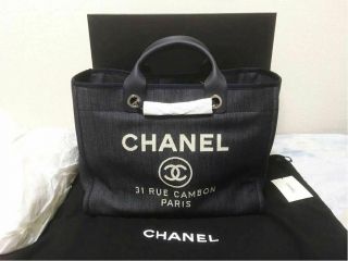 Chanel 2015 Deauville 2way Chain Tote Bag Sv Canvas A66941 Navy Women Men