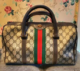 Authentic Gucci Vintage Handbag Purse Canvas Print W Leather Rare Style Classic