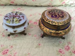 Pair Victorian Hand Painted Footed Hinged Moser Dresser Powder Jars