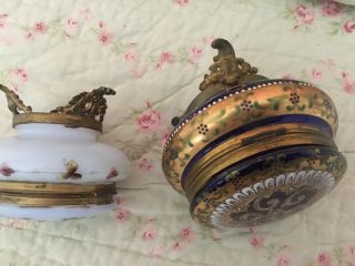 Pair Victorian Hand Painted Footed Hinged Moser Dresser Powder Jars 6