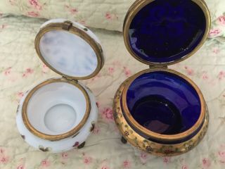 Pair Victorian Hand Painted Footed Hinged Moser Dresser Powder Jars 7