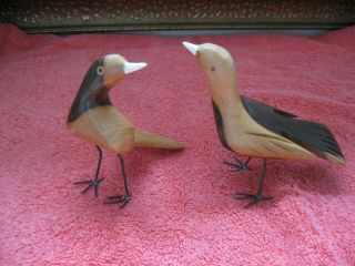 Vintage Set Of 2 Hand Carved Wood Birds With Wire Legs 1980