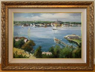 Vintage Framed Oil Painting Landscape Lakeside Gold Frame 46.  5 " X34 "